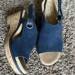 Giselle sling back cork wedge mule sandal, blue suede, NWOT! Women’s Sz 8M